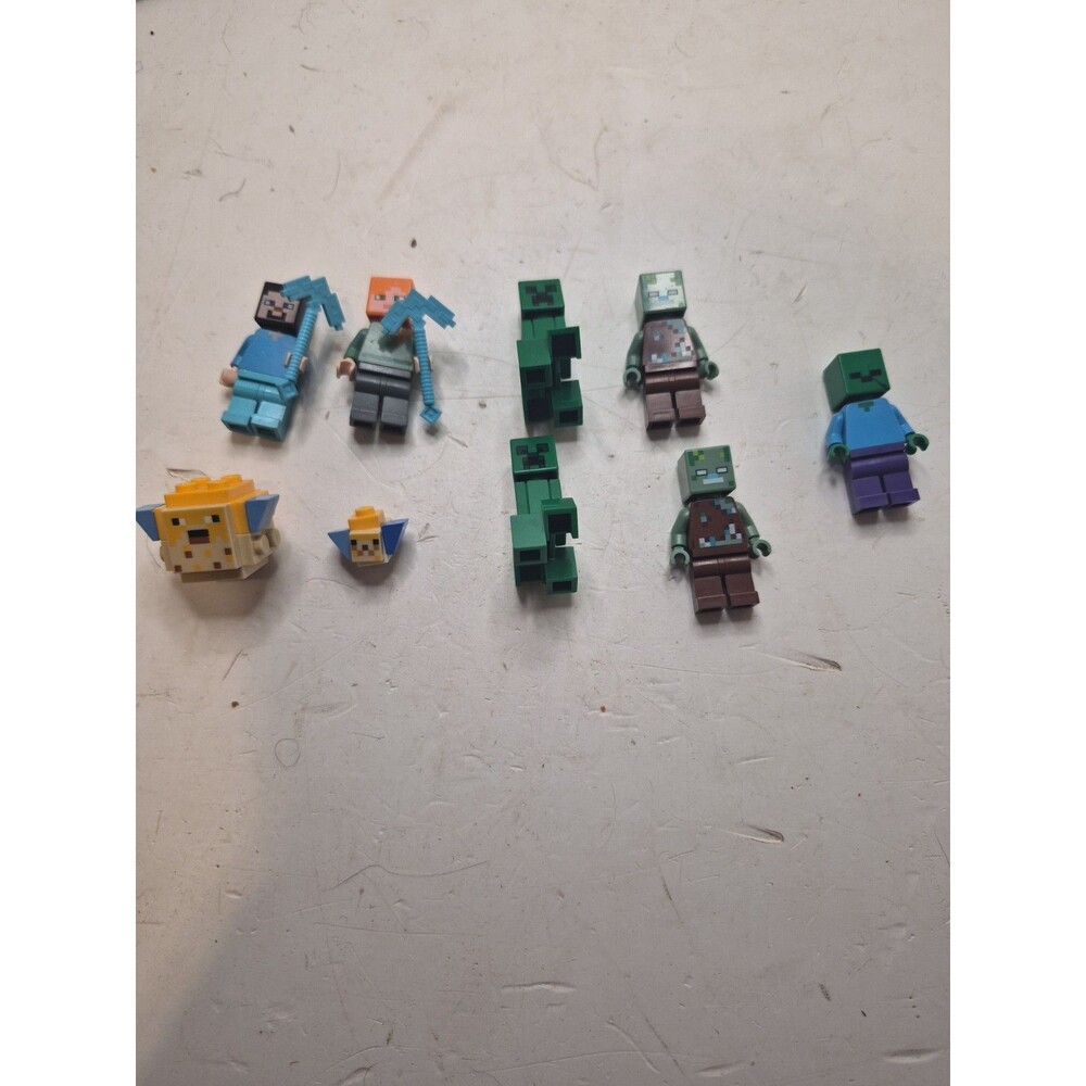 Lot Of 9 Lego Minecraft Minifigures Steve Alex Drowned Creeper Pufferfish Zombie